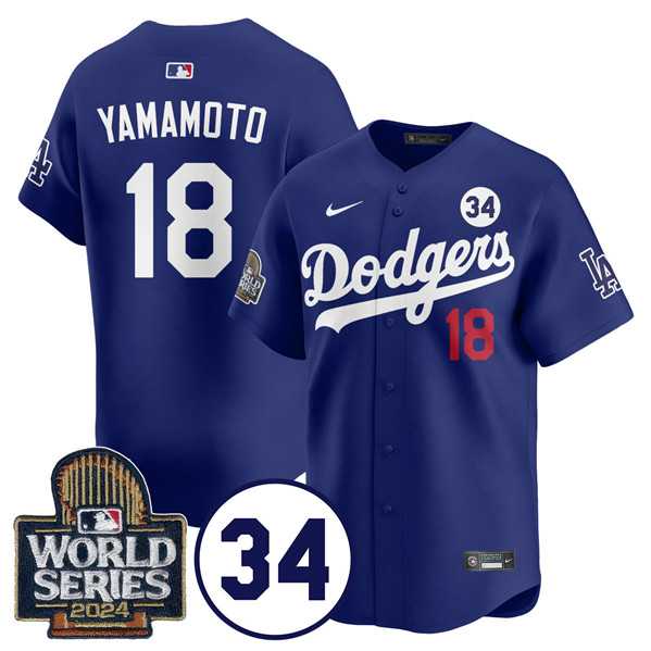 Mens Los Angeles Dodgers #18 Yoshinobu Yamamoto Royal 2024 World Series With No. 34 Patch Cool Base Stitched Jersey Dzhi